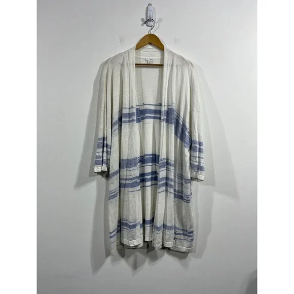 Pure Jill J. Jill Striped Linen Blend Open Front Long Cardigan Womens 3X Coastal - Picture 1 of 11